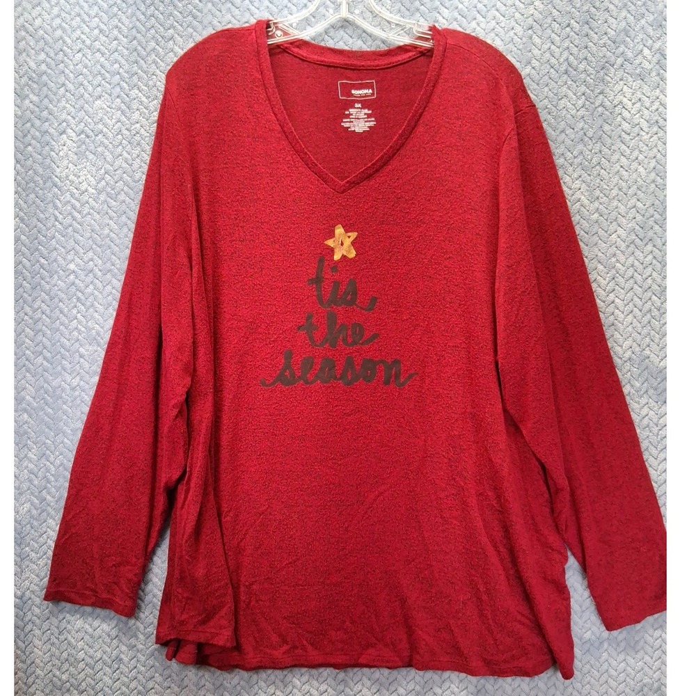 Sonoma Goods For Life Red Tis The Season Holiday V-Neck Top Womens Plus 3X